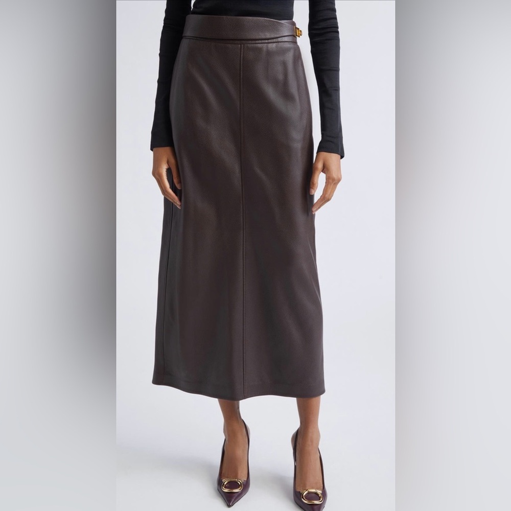 Salvatore Ferragamo Leather Slit Runway Dark Brown Maxi Skirt 42 New With Tags